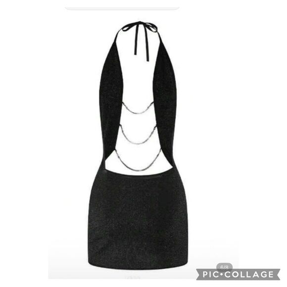 Black Sexy Club Halter Dress Deep Plunge Neck 8 10 - Picture 11 of 11